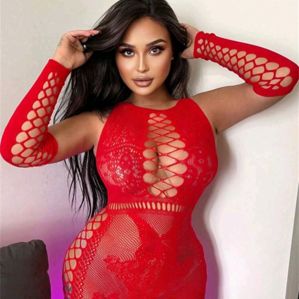 **SOLD** "SHE-DEVIL" PLUS SIZE MESH LINGERIE DRESS W/OVERSLEEVES